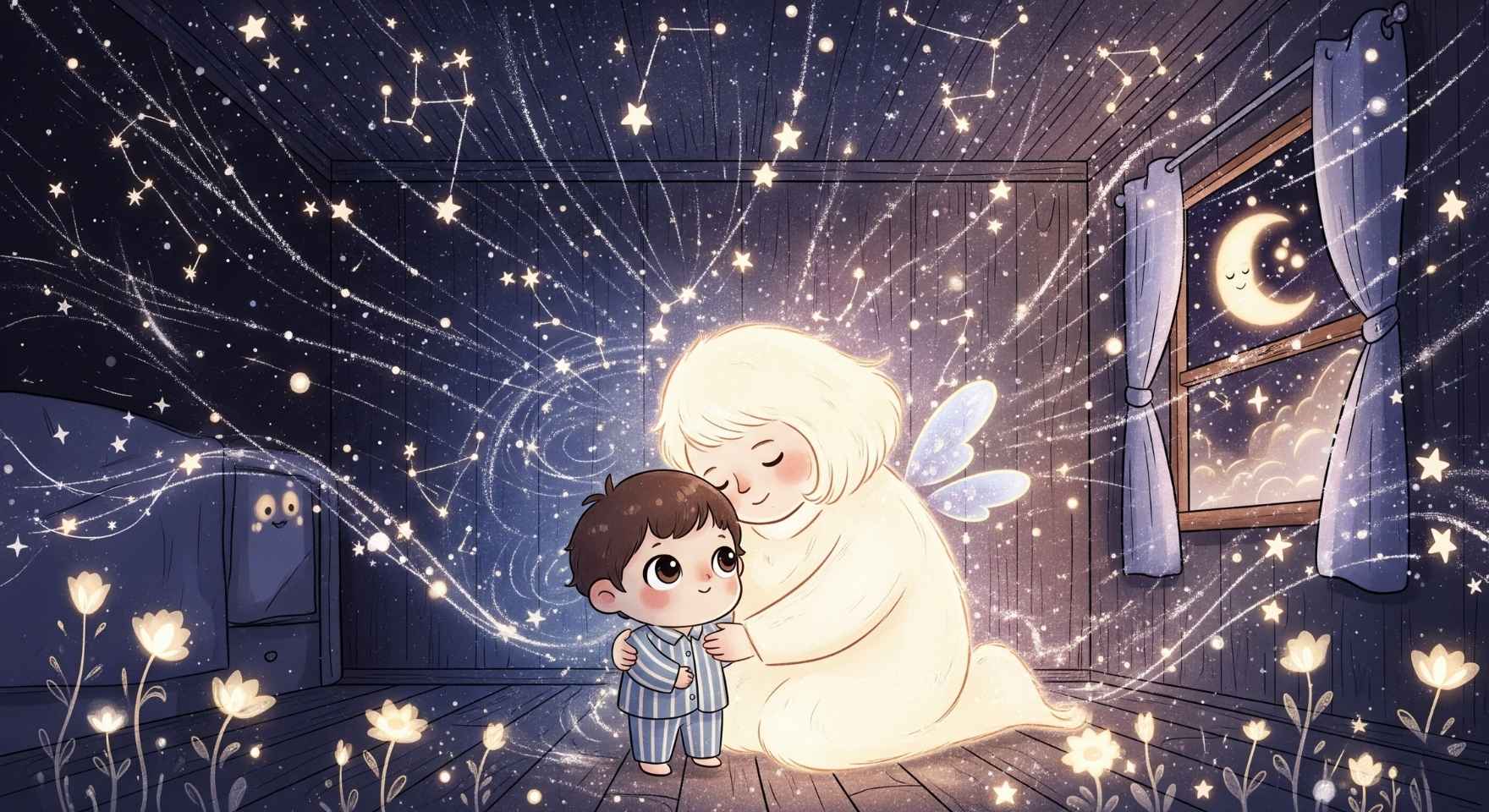 A child sleeping peacefully in a dimly lit room with a comforting night light.