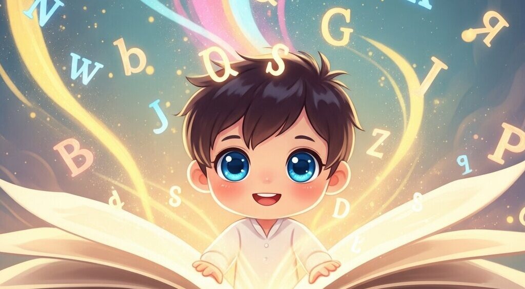 A child reading a book with a glowing imagination