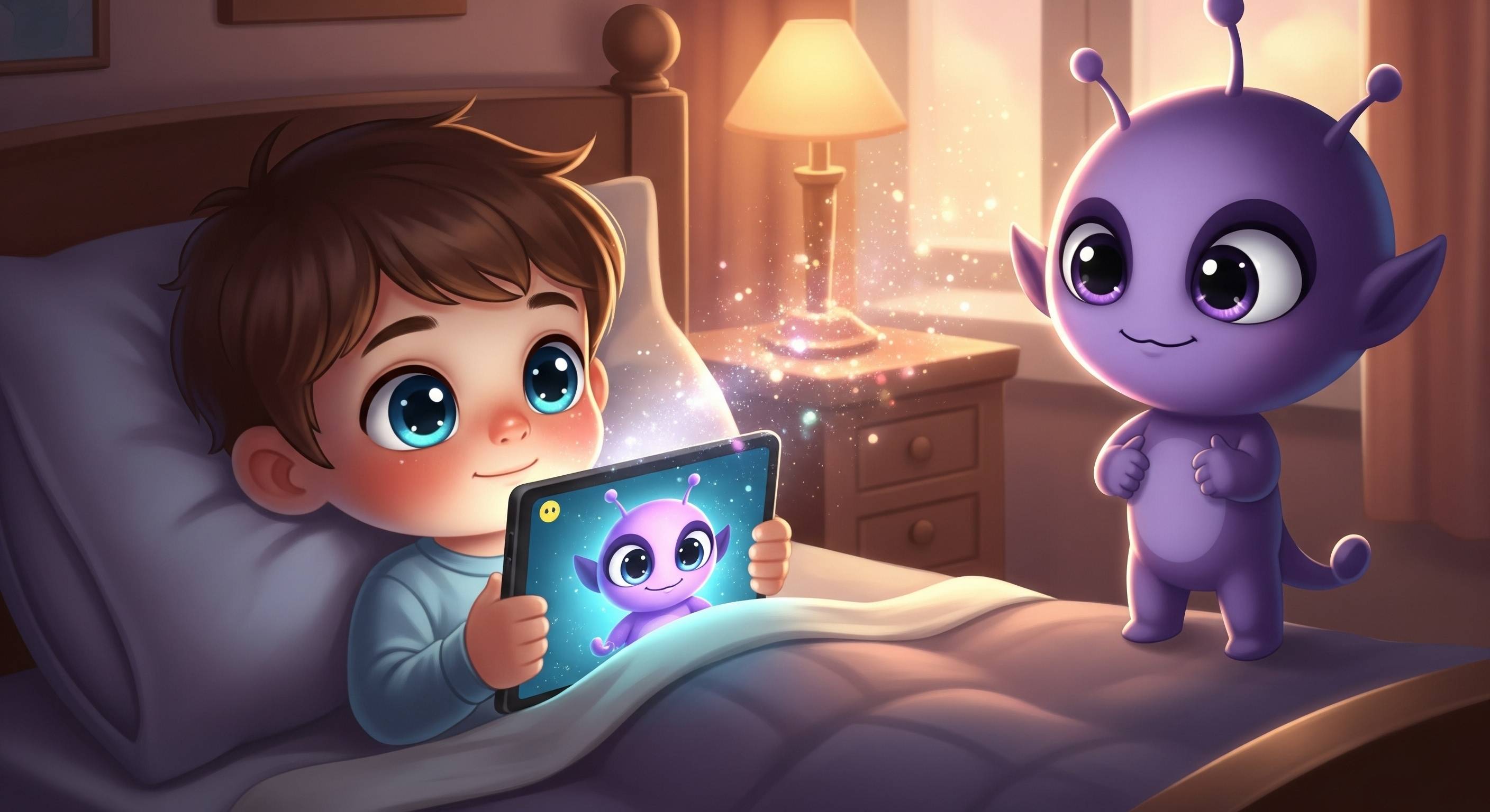 A child looking at a tablet before bed, with a clock showing late evening.