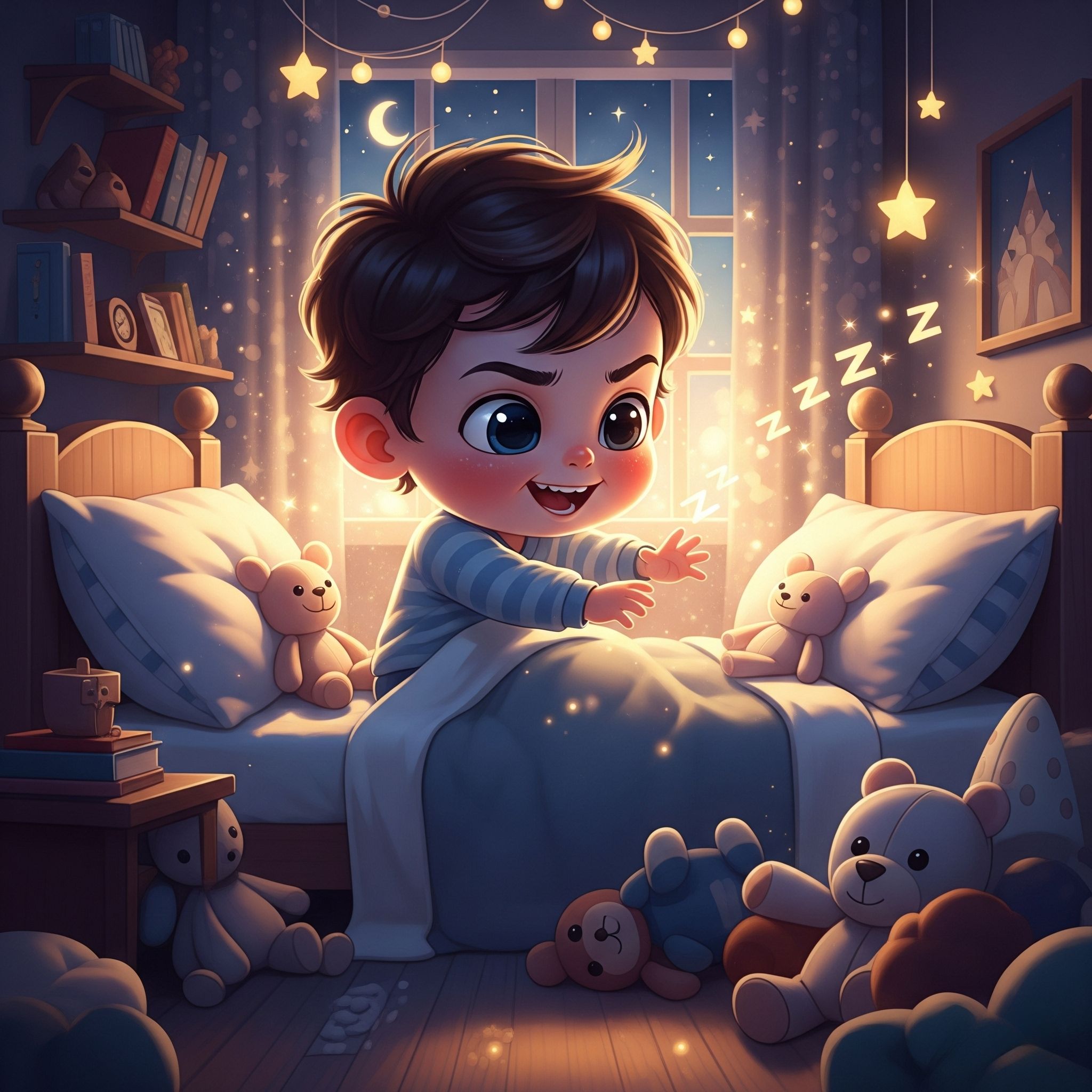 Exhausted parent sitting beside toddler's bed during bedtime struggles.